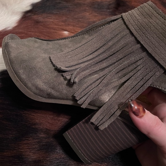 Sugar Taupe Fringed Peep-Toe Booties - Picture 4 of 5